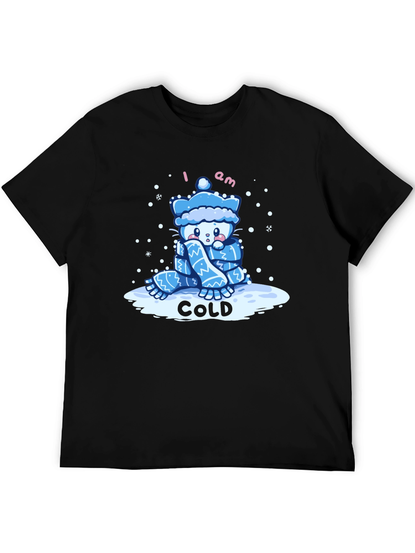 Cute I Am Cold Cartoon Cat Black T-Shirt