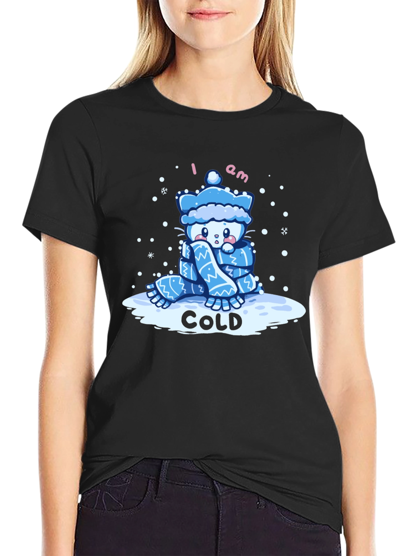Cute I Am Cold Cartoon Cat Black T-Shirt
