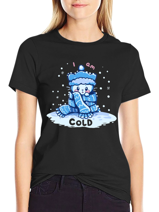 Cute I Am Cold Cartoon Cat Black T-Shirt