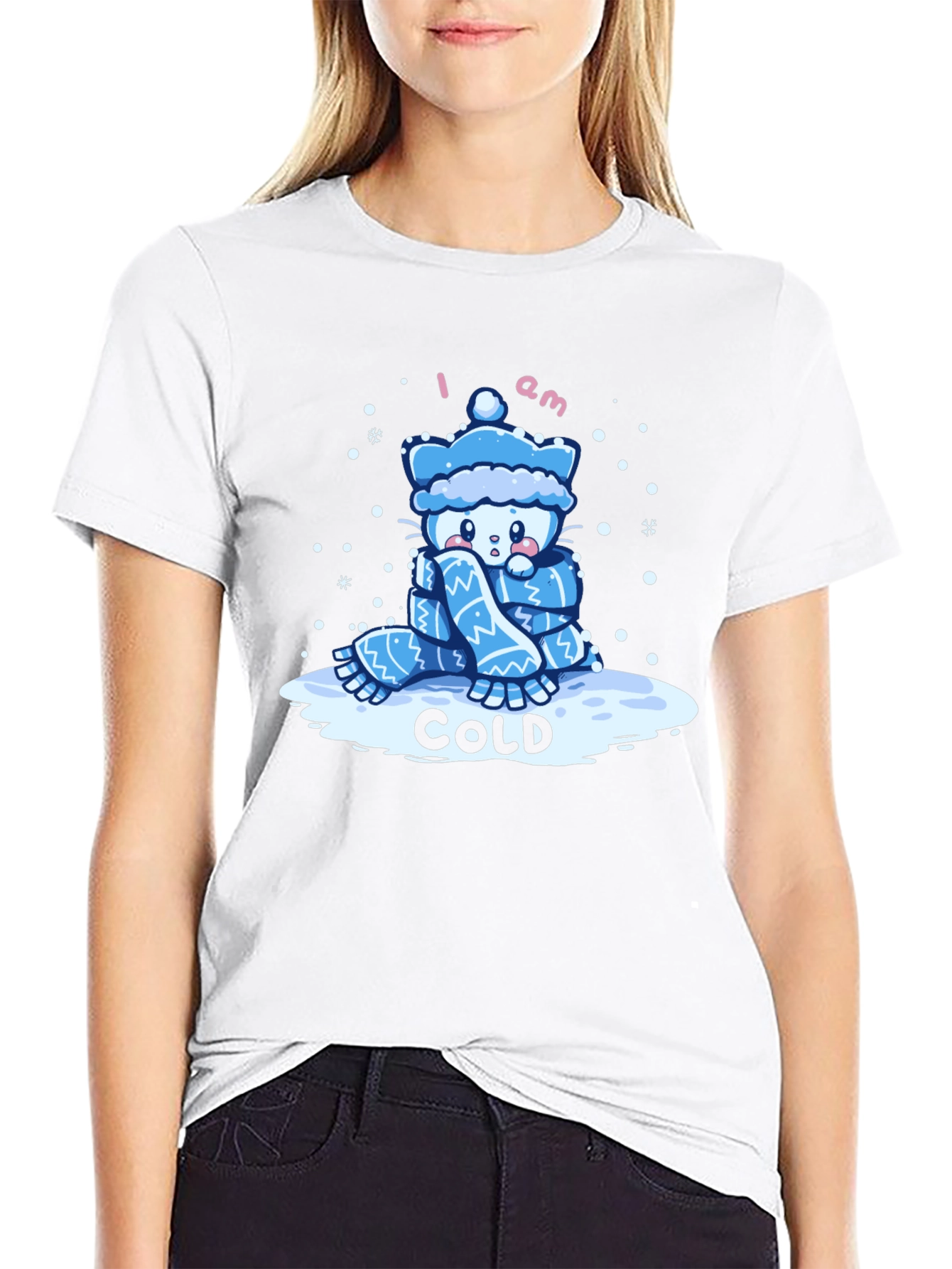 Cute I Am Cold Cartoon Cat Black T-Shirt