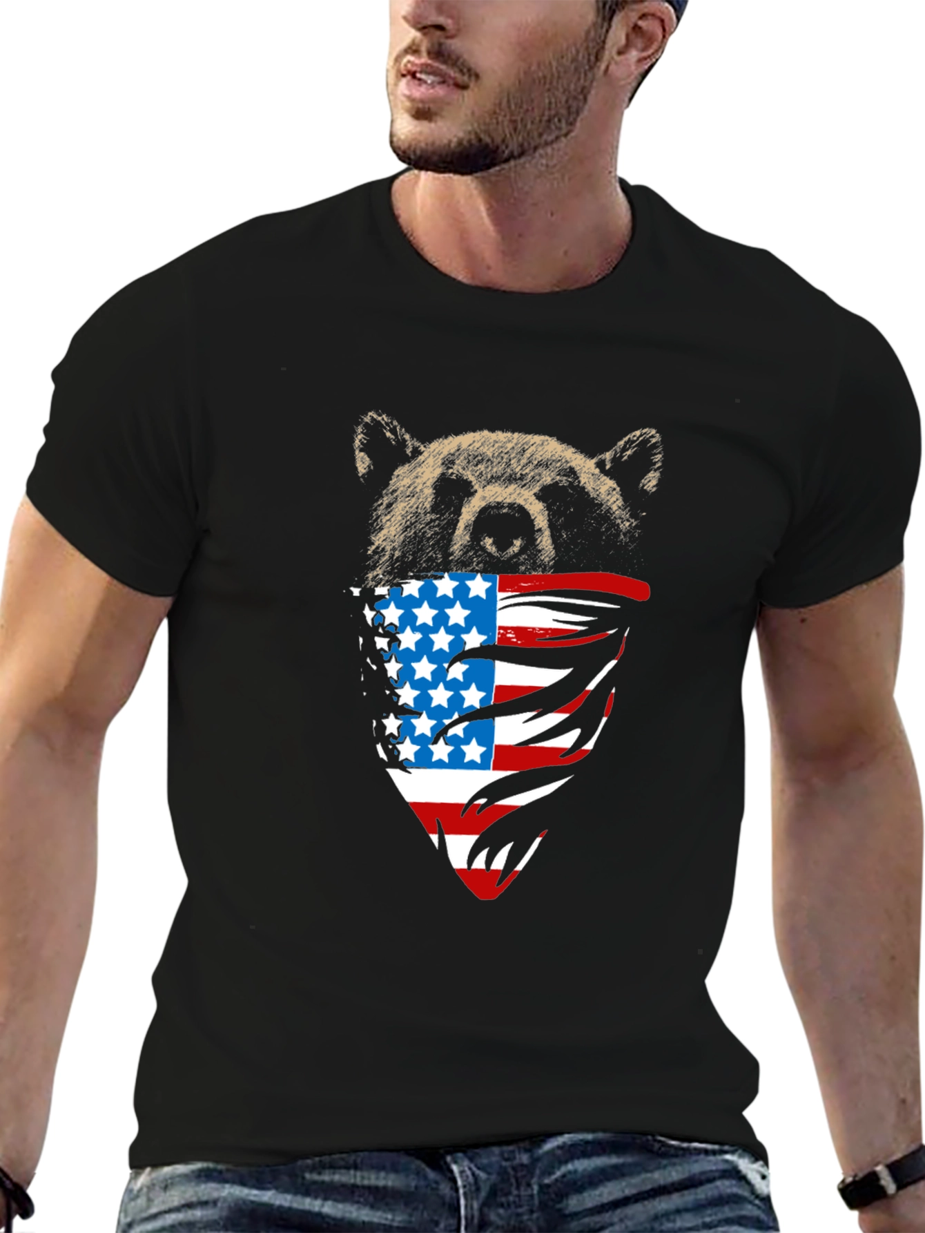 Bear USA Flag Bandana Black T-Shirt