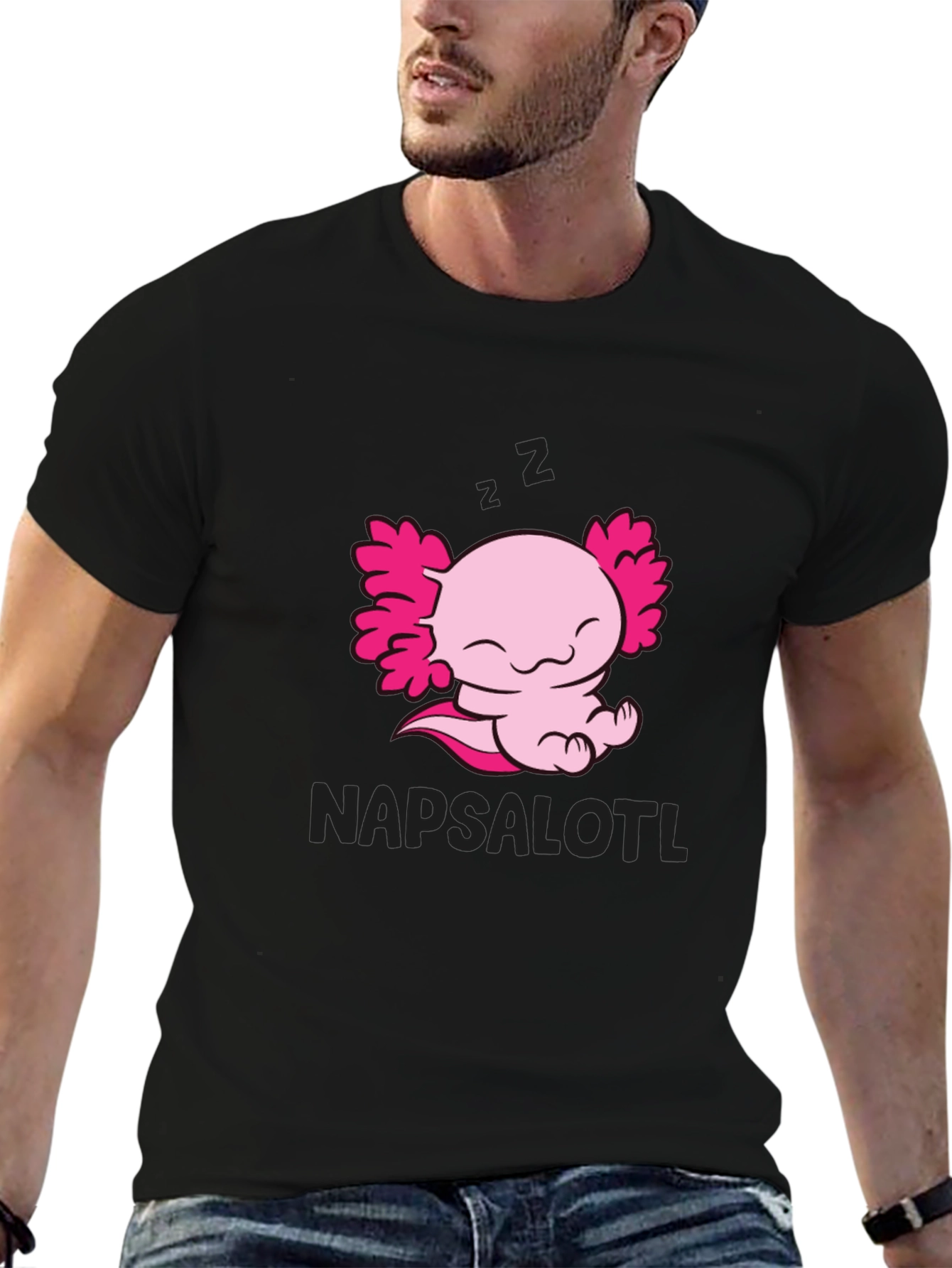 Napsalotl Axolotl Black T-Shirt - Cute Sleepy Design