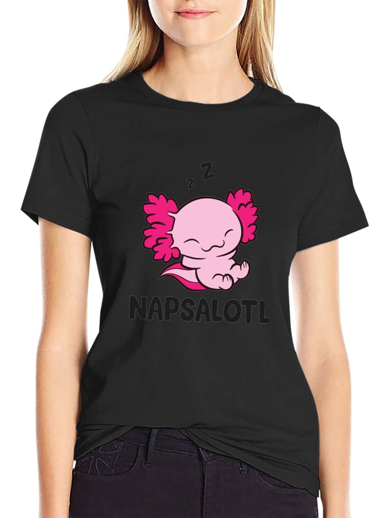 Napsalotl Axolotl Black T-Shirt - Cute Sleepy Design