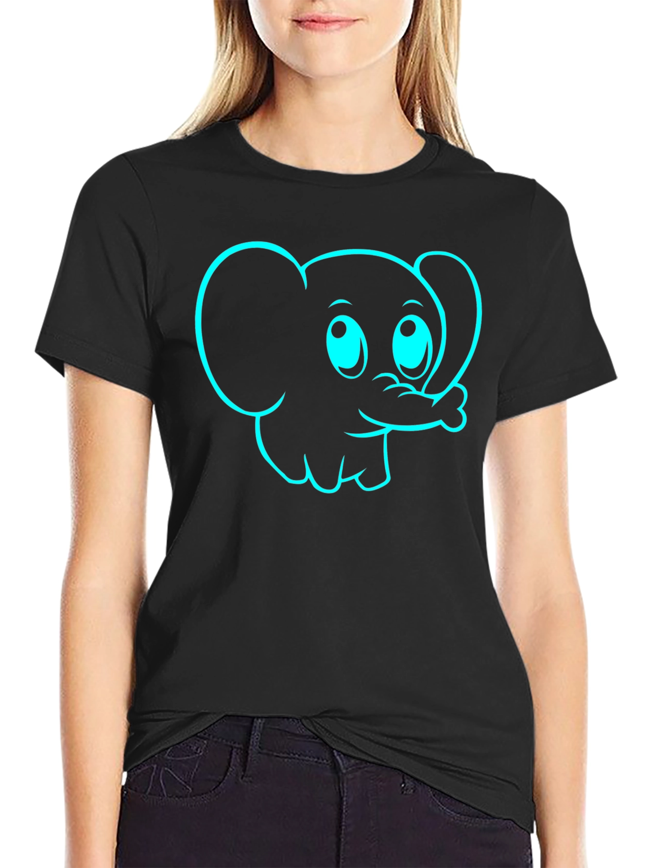 Cartoon Elephant Graphic Tee - Black Cotton T-Shirt