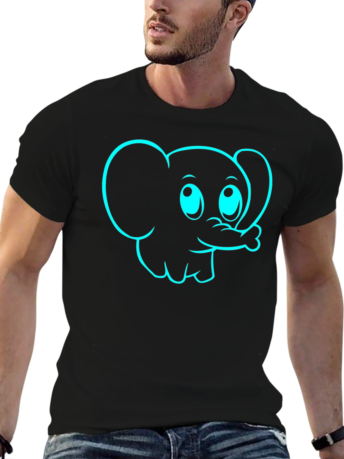 Cartoon Elephant Graphic Tee - Black Cotton T-Shirt