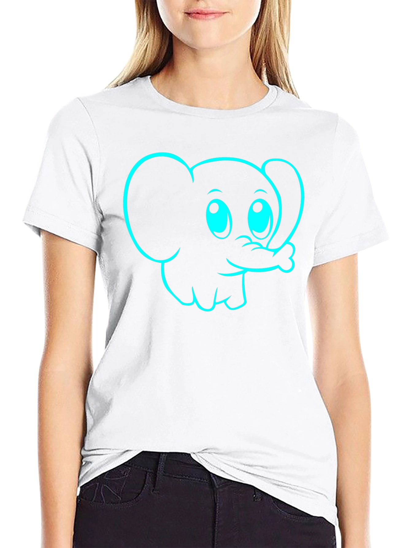 Cartoon Elephant Graphic Tee - Black Cotton T-Shirt