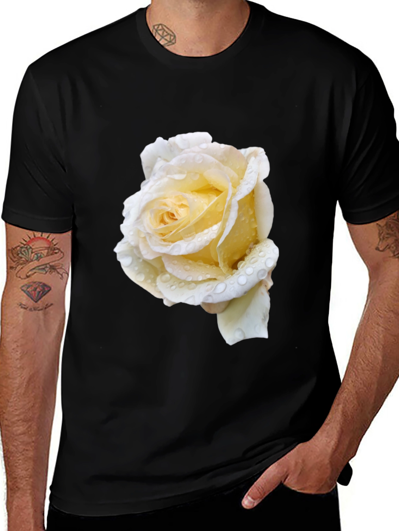 Black Tee with White Rose