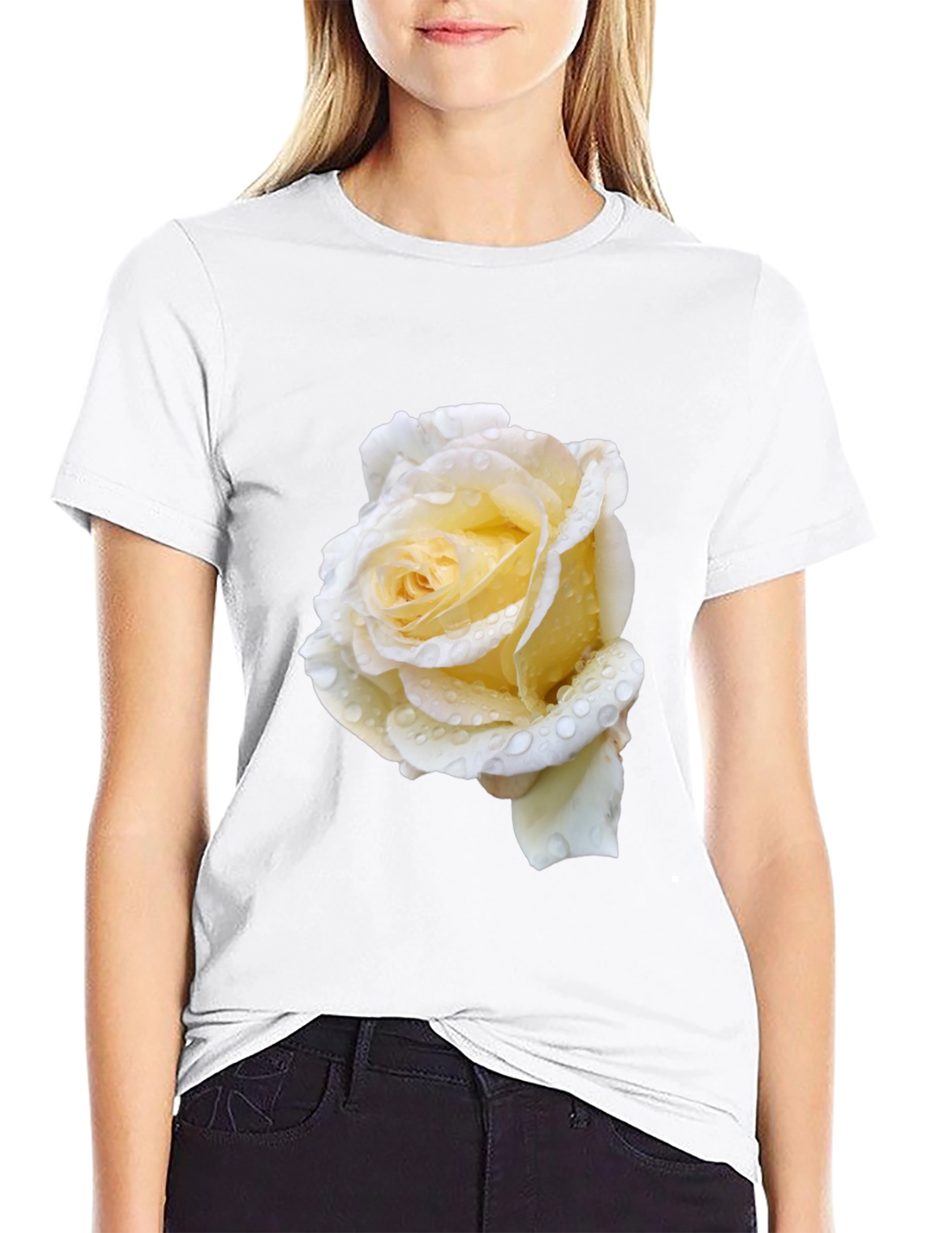 Black Tee with White Rose