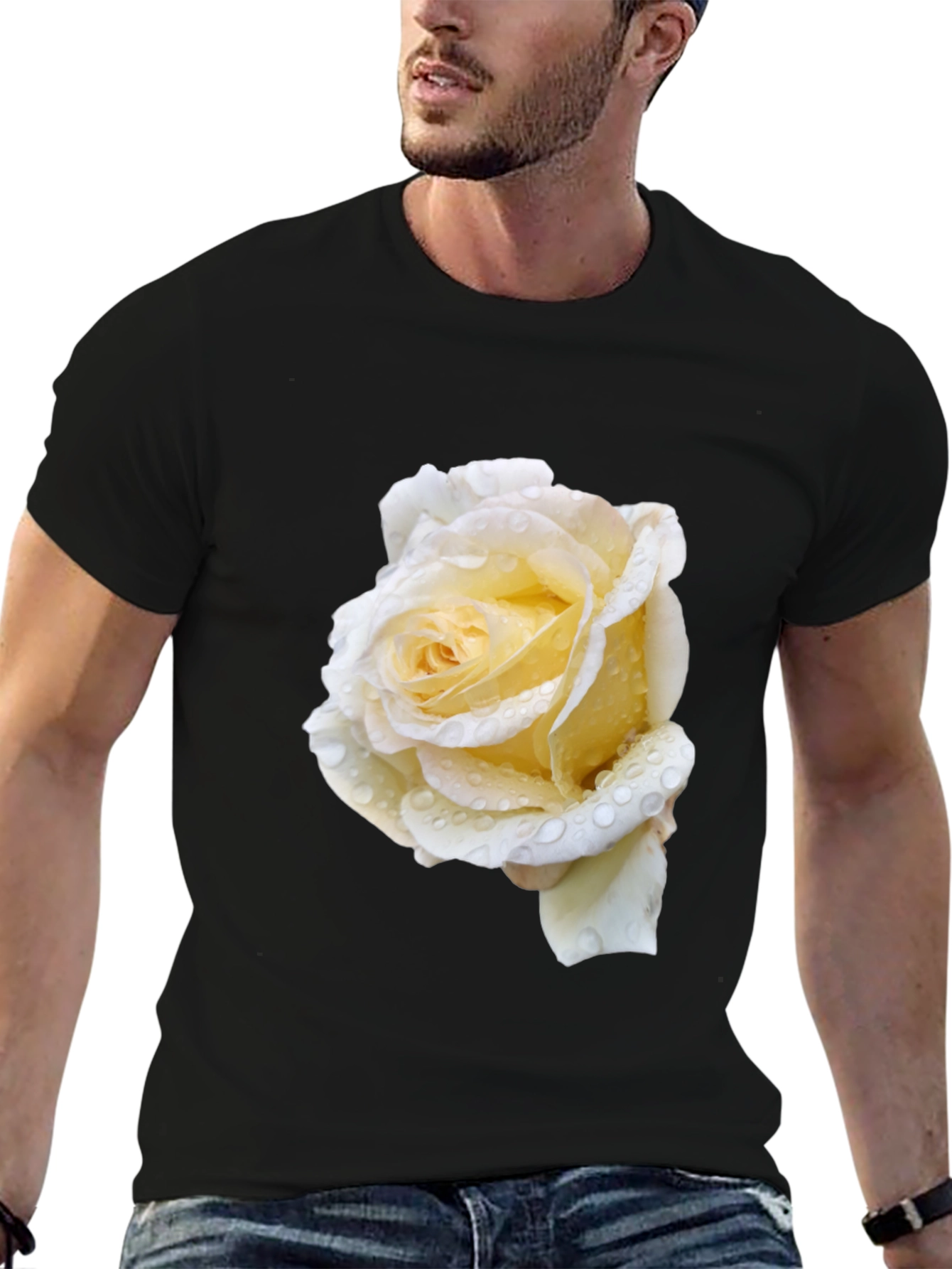 Black Tee with White Rose