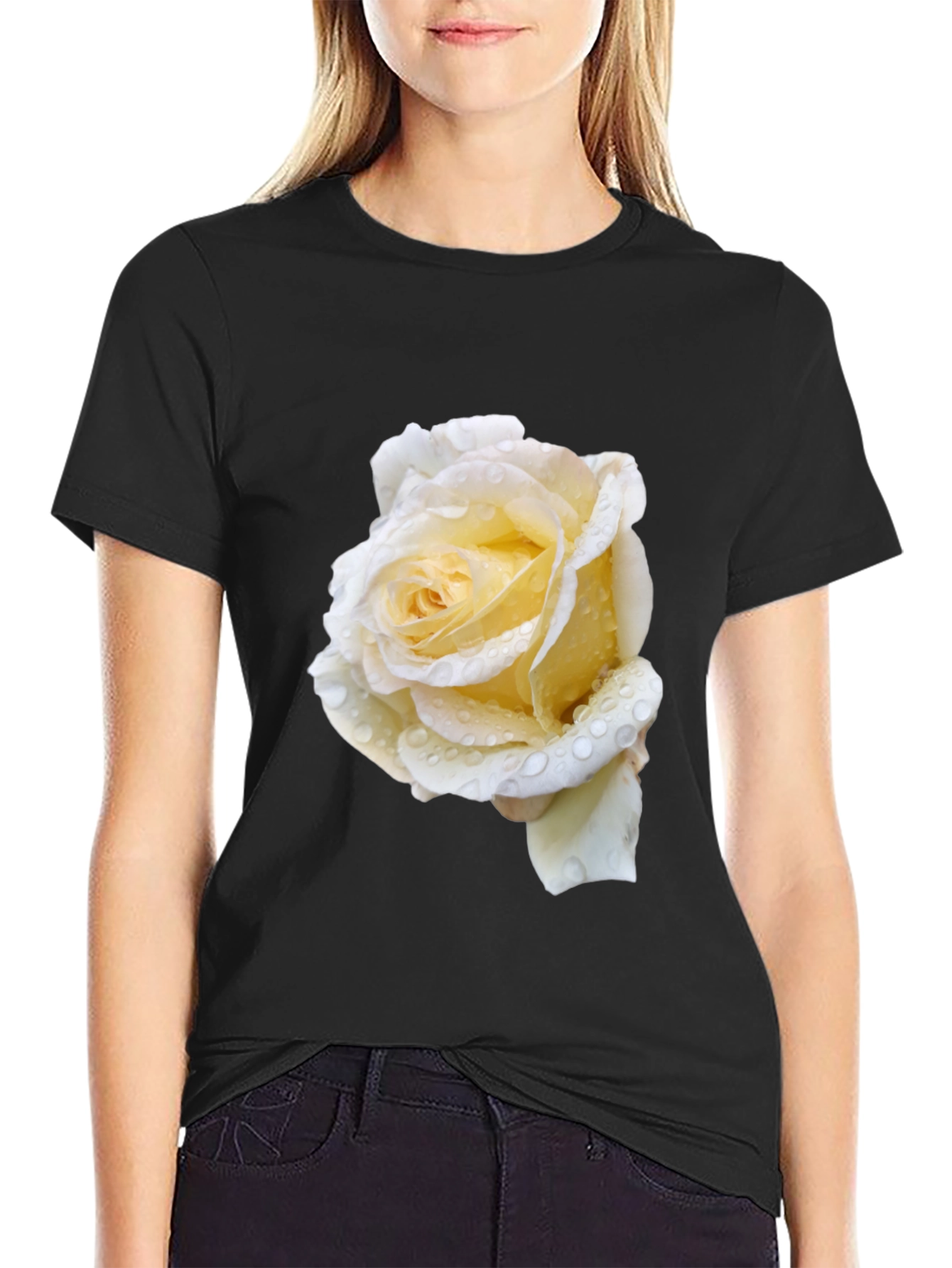 Black Tee with White Rose
