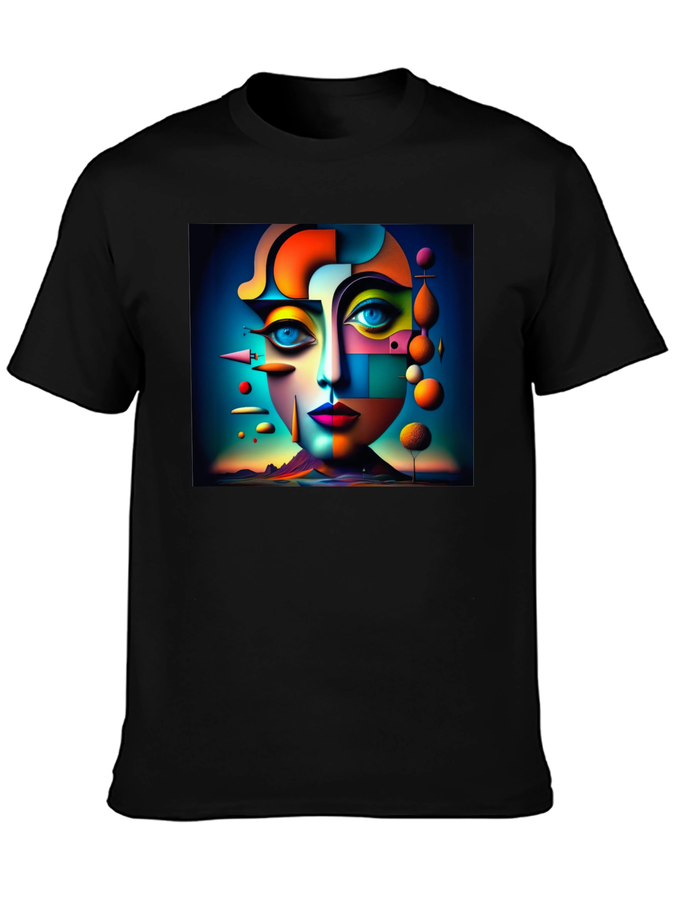 Abstract Geometric Face Art Black T-Shirt
