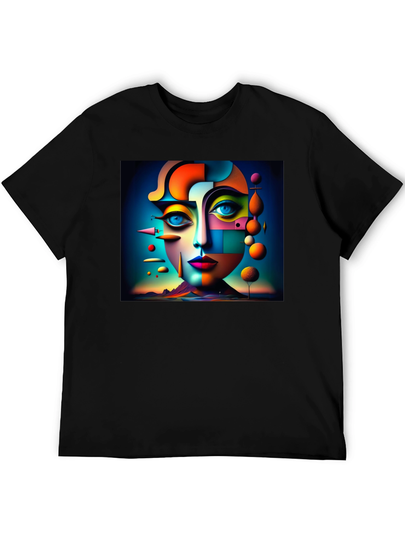 Abstract Geometric Face Art Black T-Shirt