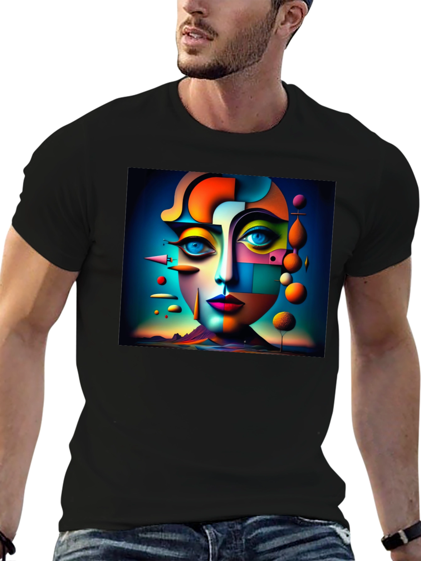 Abstract Geometric Face Art Black T-Shirt