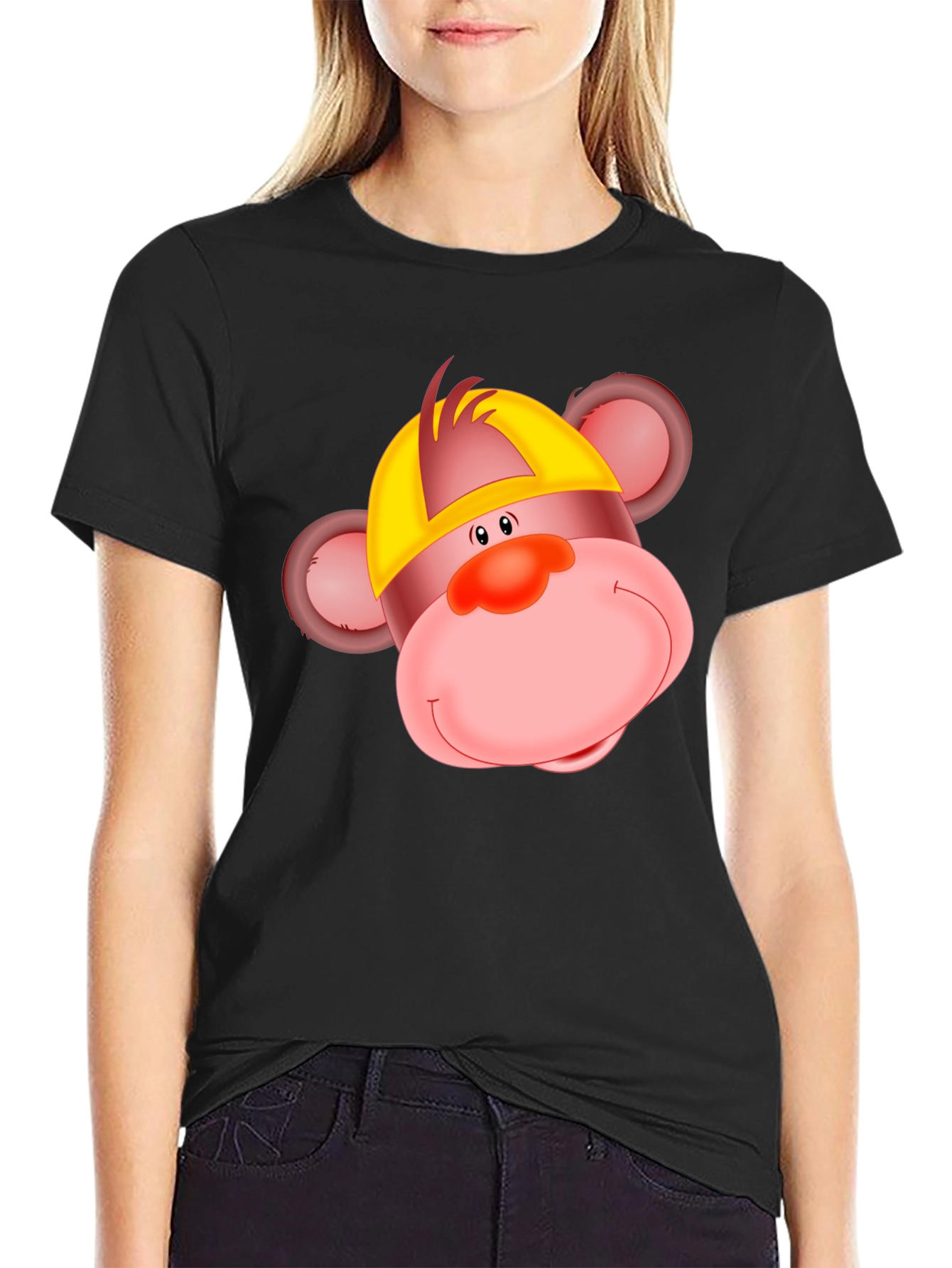 Cartoon Monkey Graphic Tee - Black Cotton T-Shirt