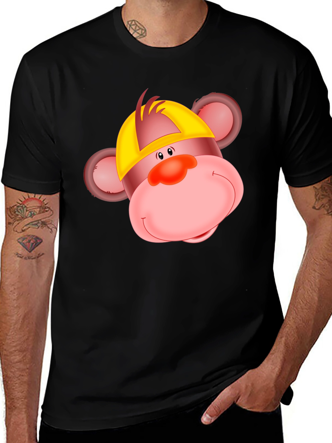 Cartoon Monkey Graphic Tee - Black Cotton T-Shirt