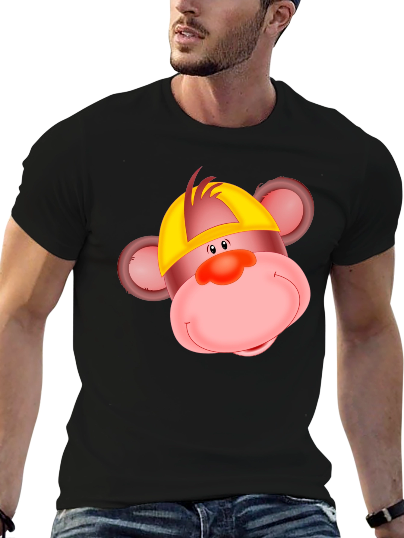 Cartoon Monkey Graphic Tee - Black Cotton T-Shirt