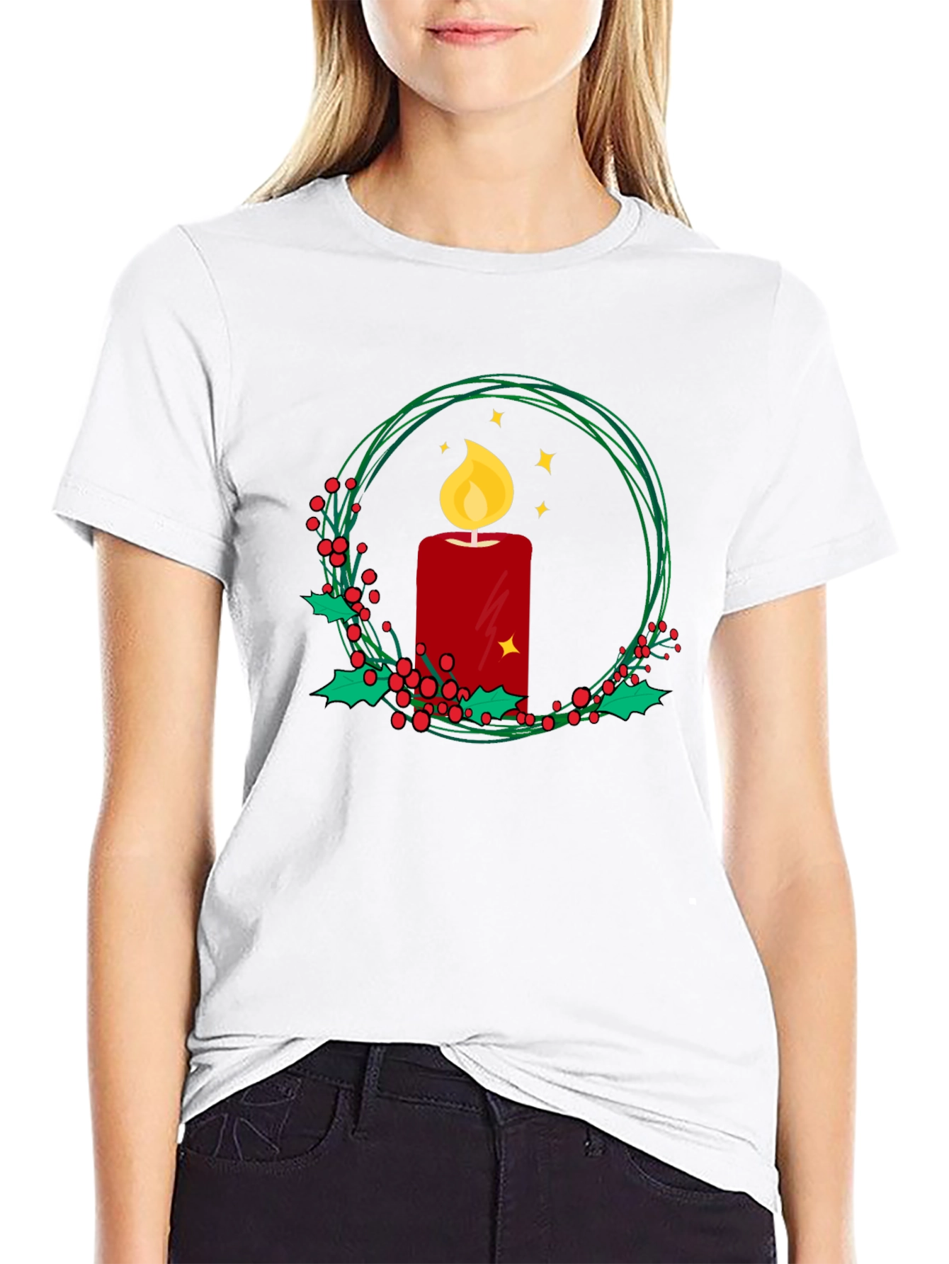 Festive Candle Wreath Graphic Tee - Holiday Cheer