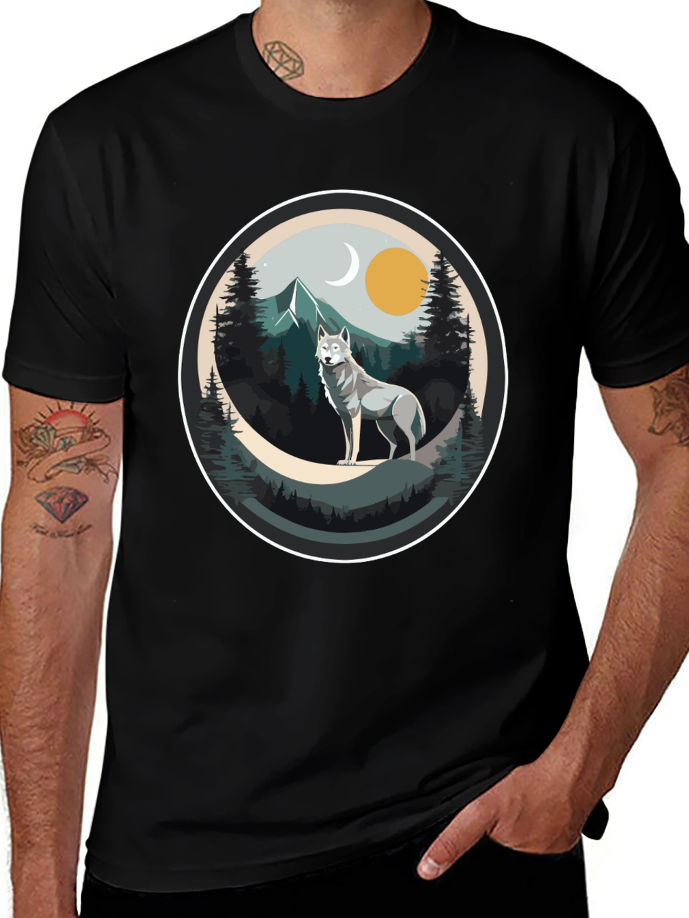 Wolf Mountain Scene Graphic Tee - Nature Lovers T-Shirt
