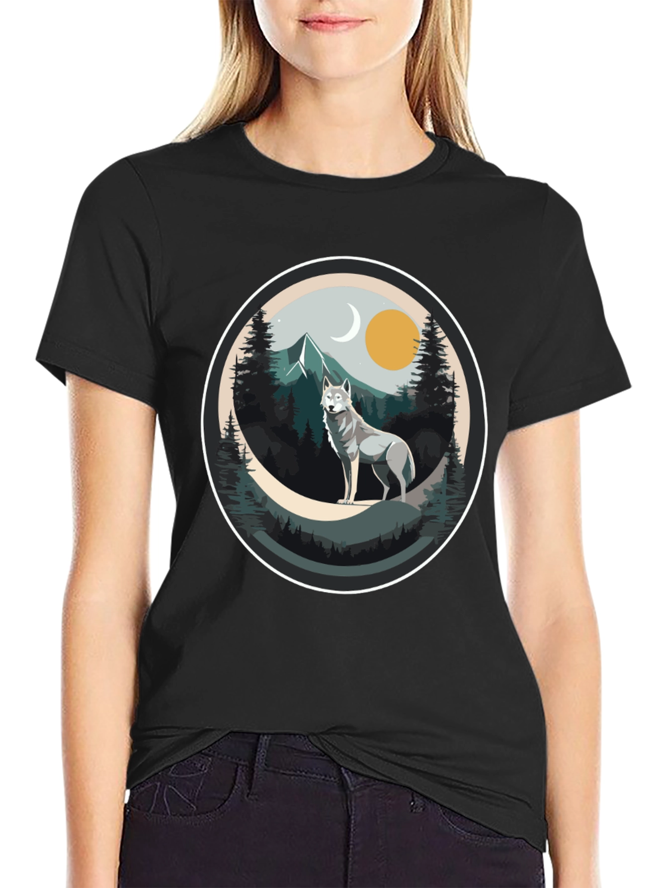 Wolf Mountain Scene Graphic Tee - Nature Lovers T-Shirt