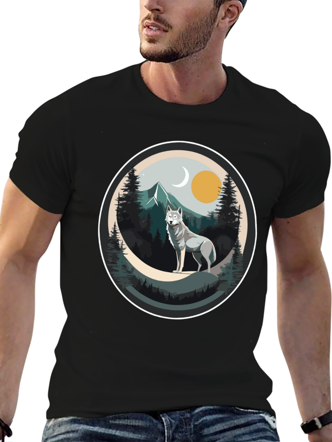 Wolf Mountain Scene Graphic Tee - Nature Lovers T-Shirt
