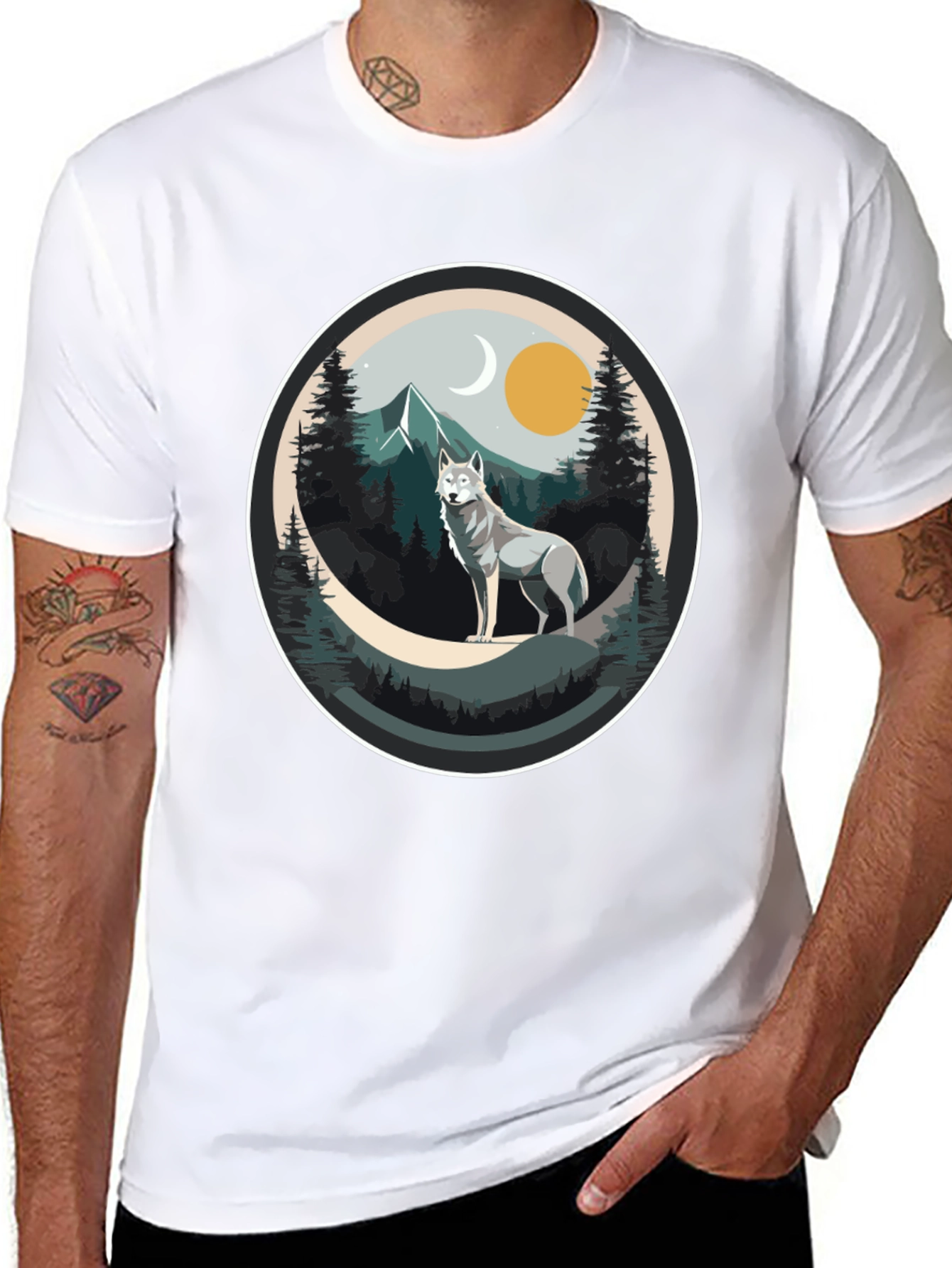 Wolf Mountain Scene Graphic Tee - Nature Lovers T-Shirt