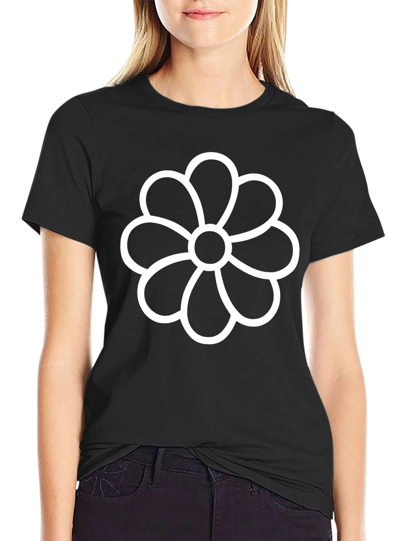 Black T-Shirt with White Flower Graphic