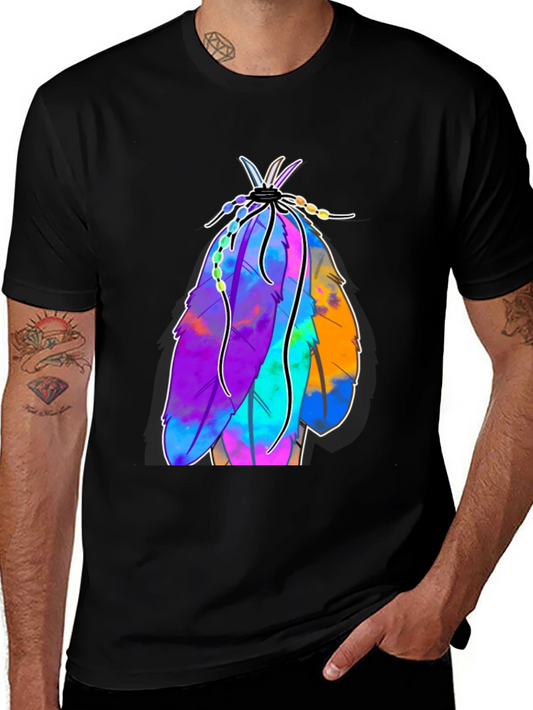 Colorful Feather Graphic T-Shirt - Trendy Casual Tee