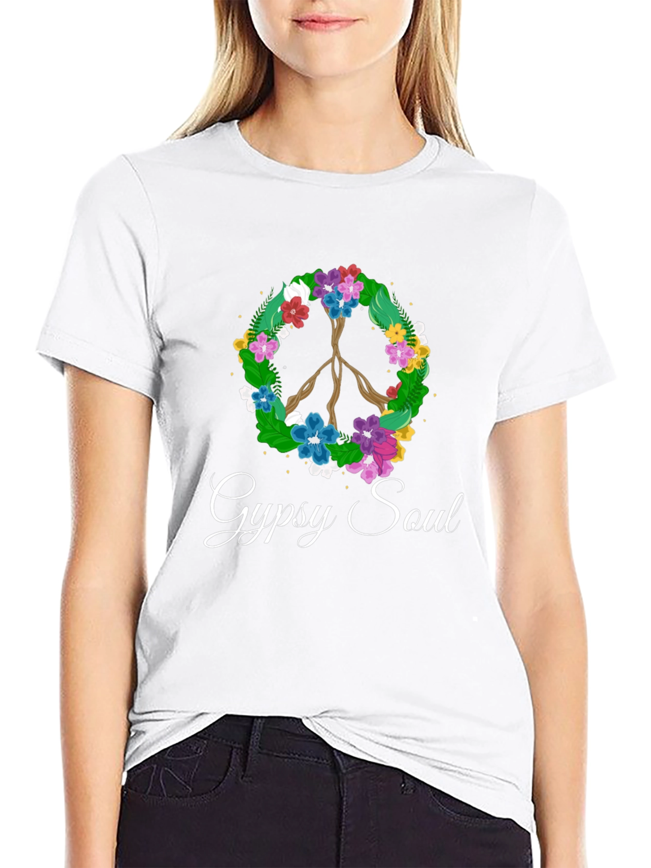 Gypsy Soul Floral Peace Sign Black T-Shirt