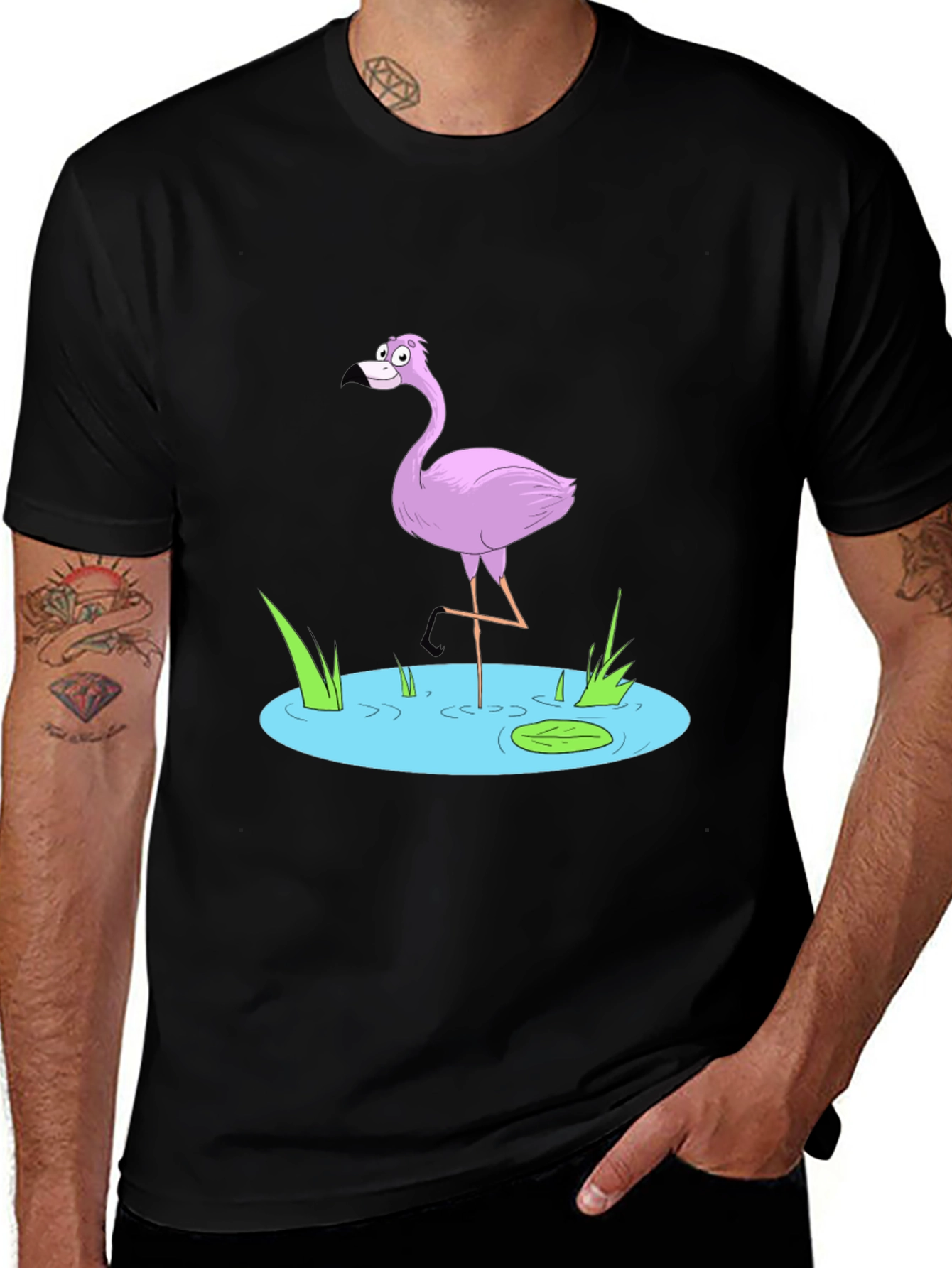 Cartoon Flamingo Black T-Shirt