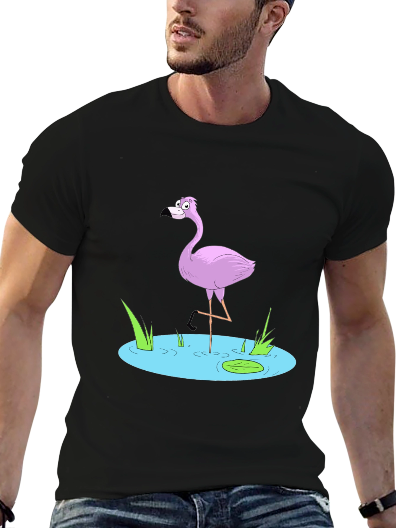 Cartoon Flamingo Black T-Shirt