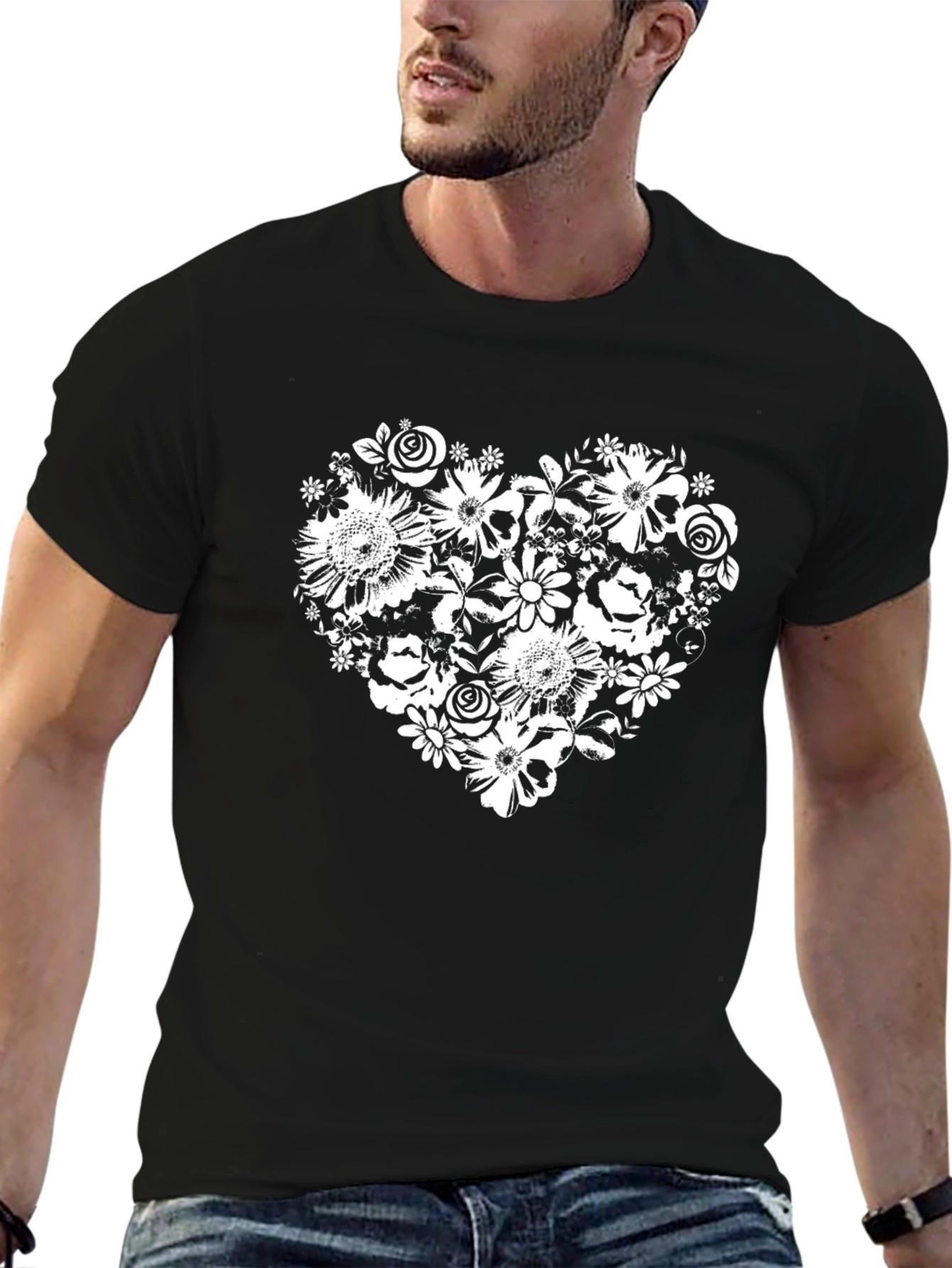Floral Heart Graphic Tee - Black Cotton Blend
