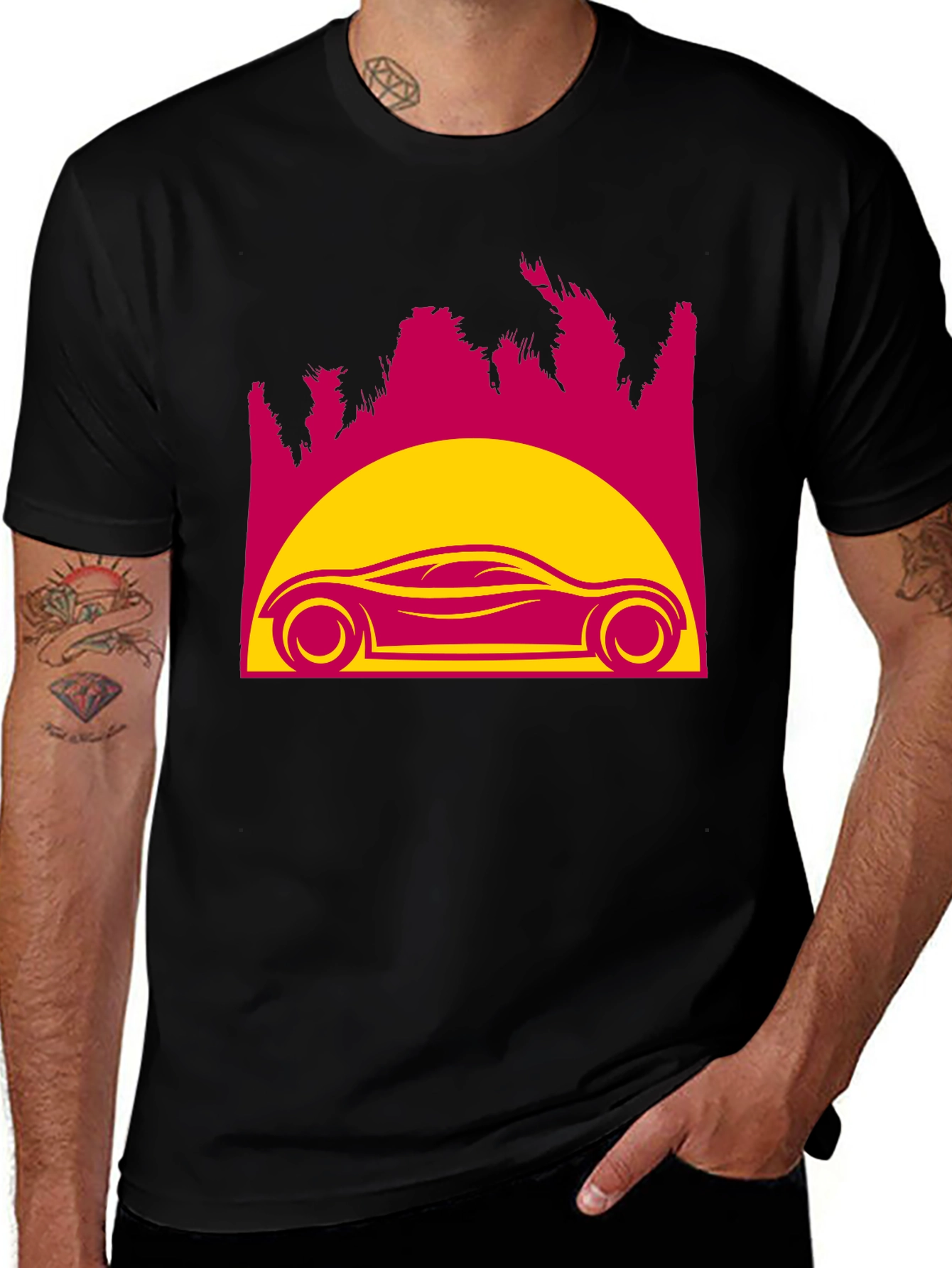 Retro Sunset Car Graphic Tee - Black
