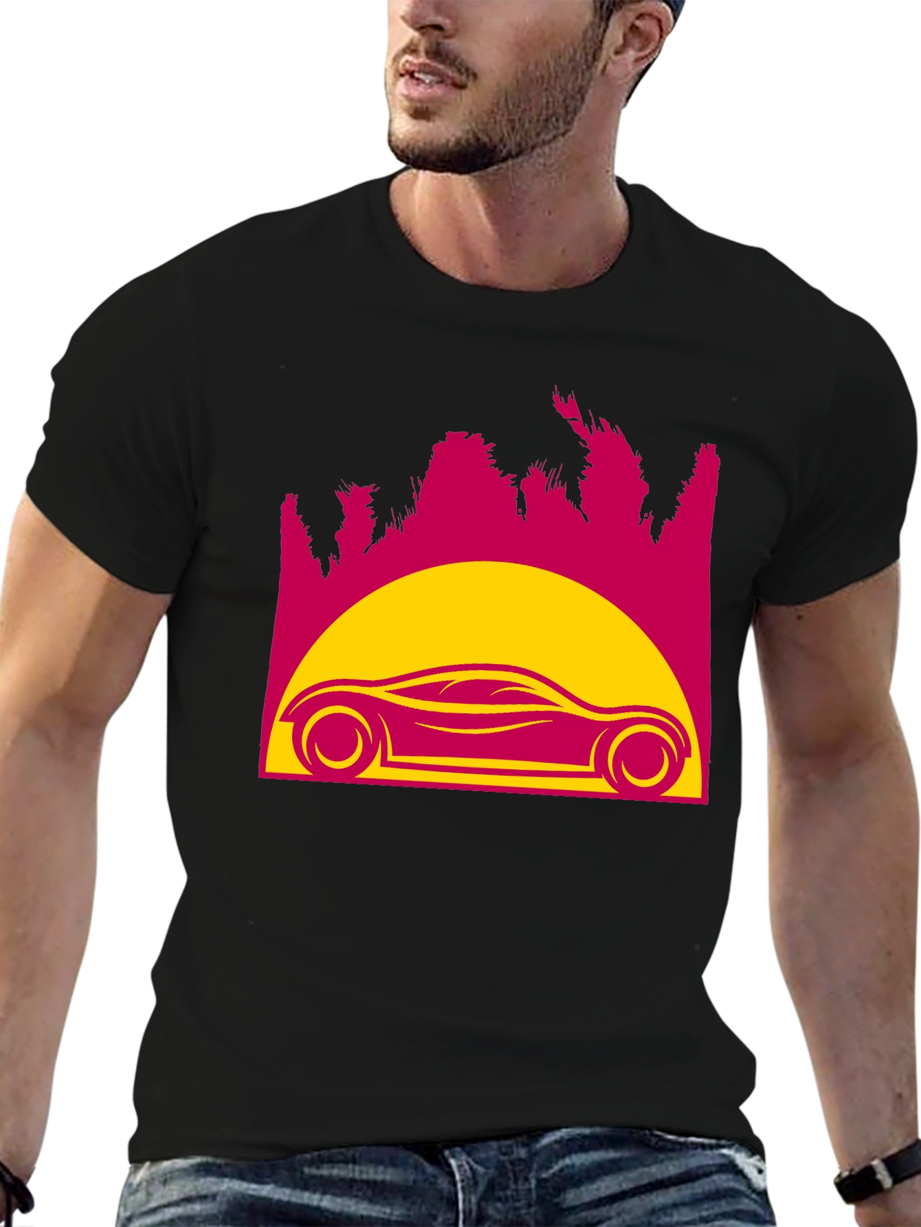 Retro Sunset Car Graphic Tee - Black