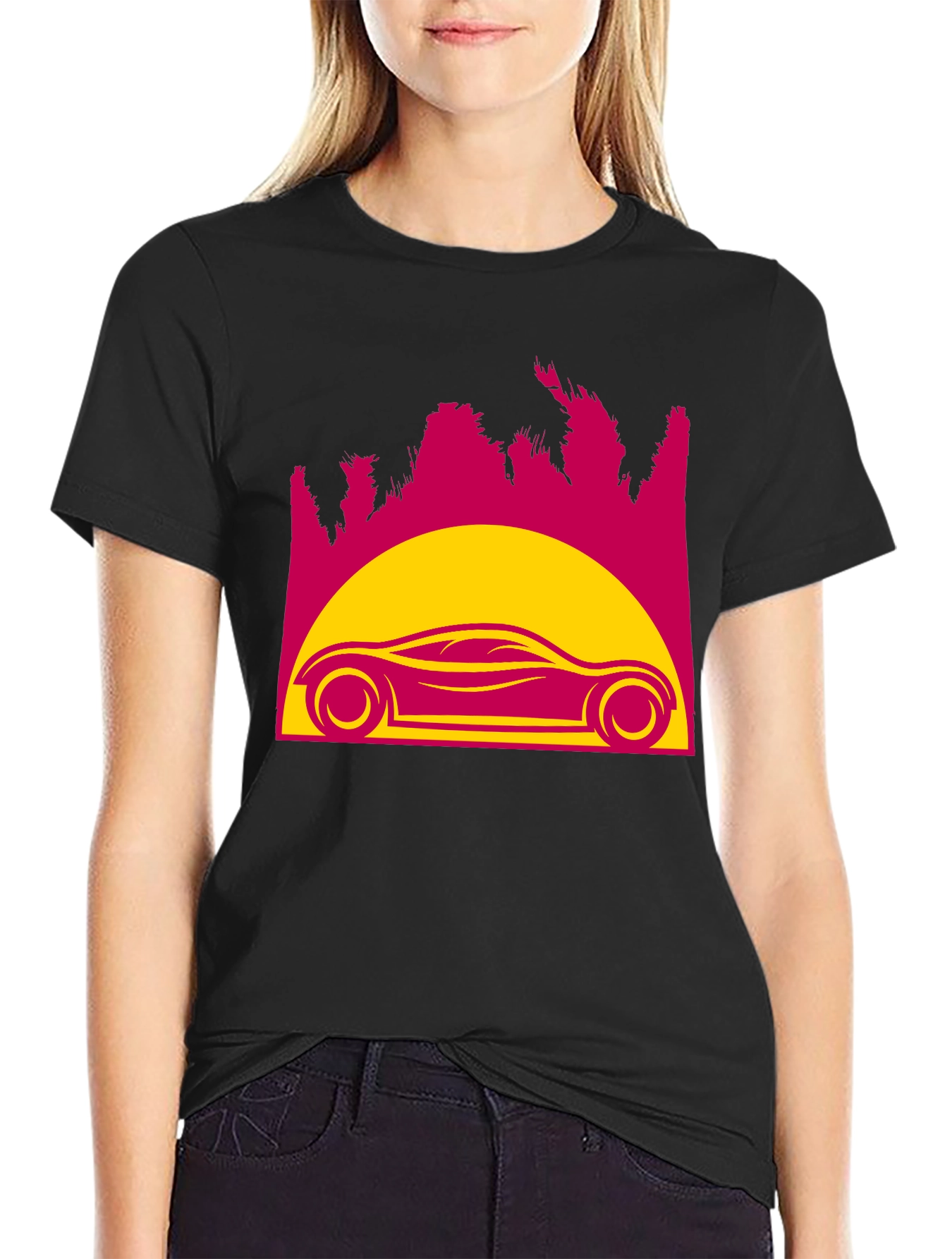 Retro Sunset Car Graphic Tee - Black