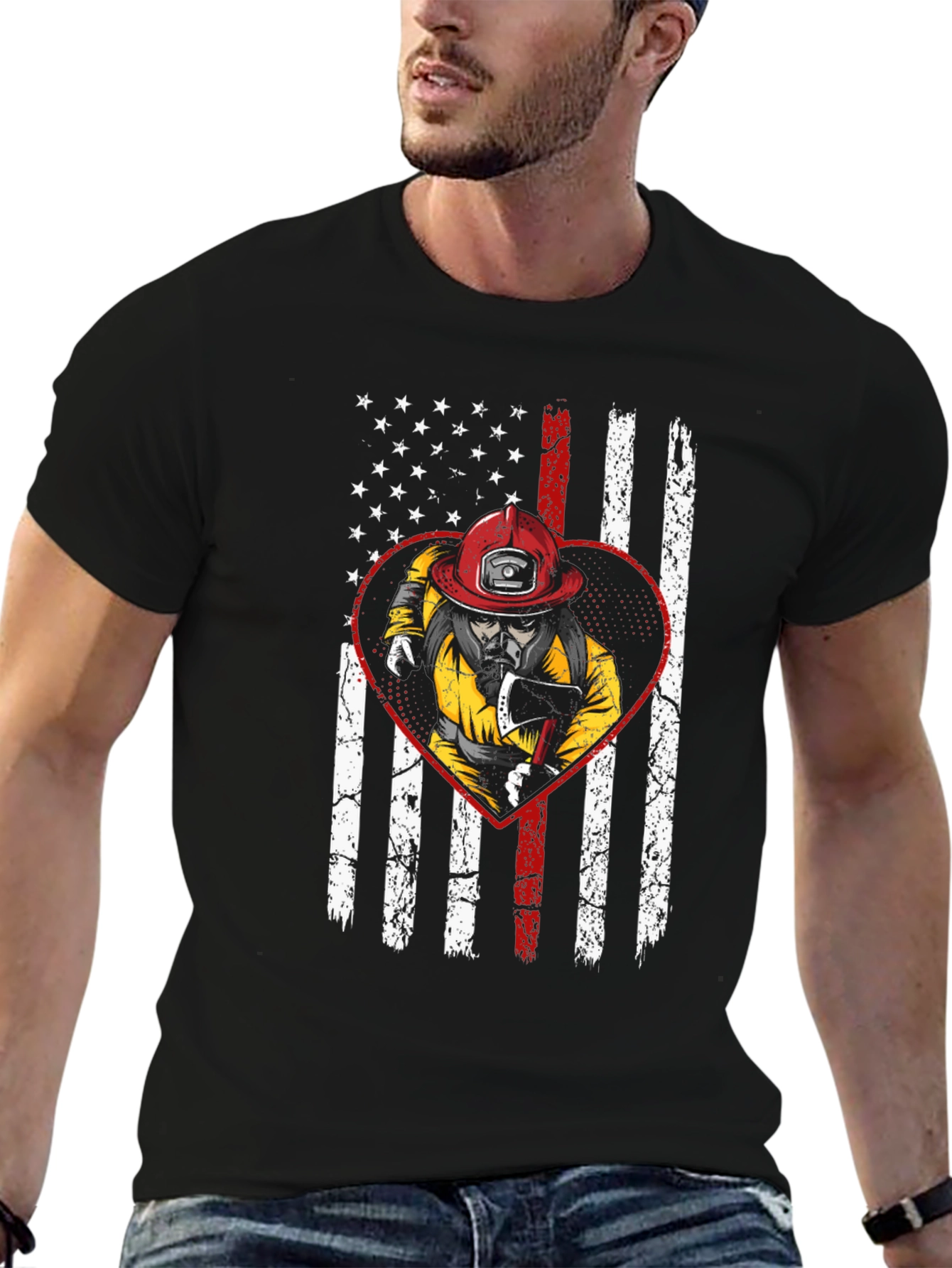 Firefighter US Flag Heart T-Shirt