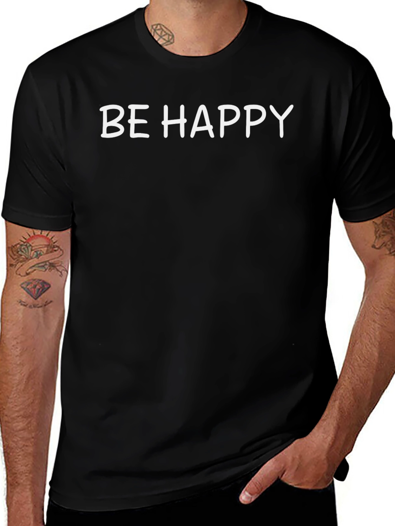 Be Happy Black Crew Neck T-Shirt - Mens Fashion