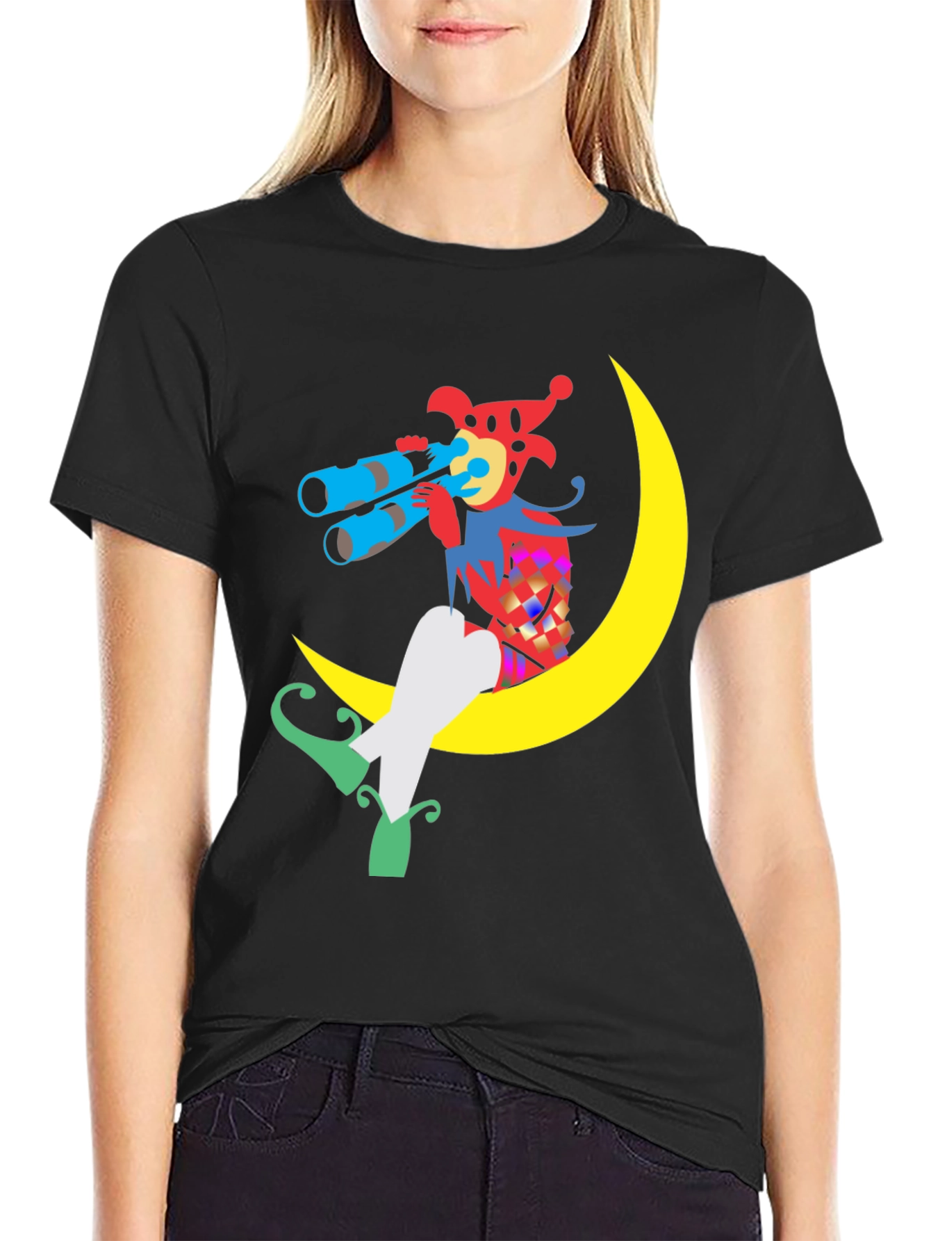 Whimsical Moon Jester Graphic Tee - Black