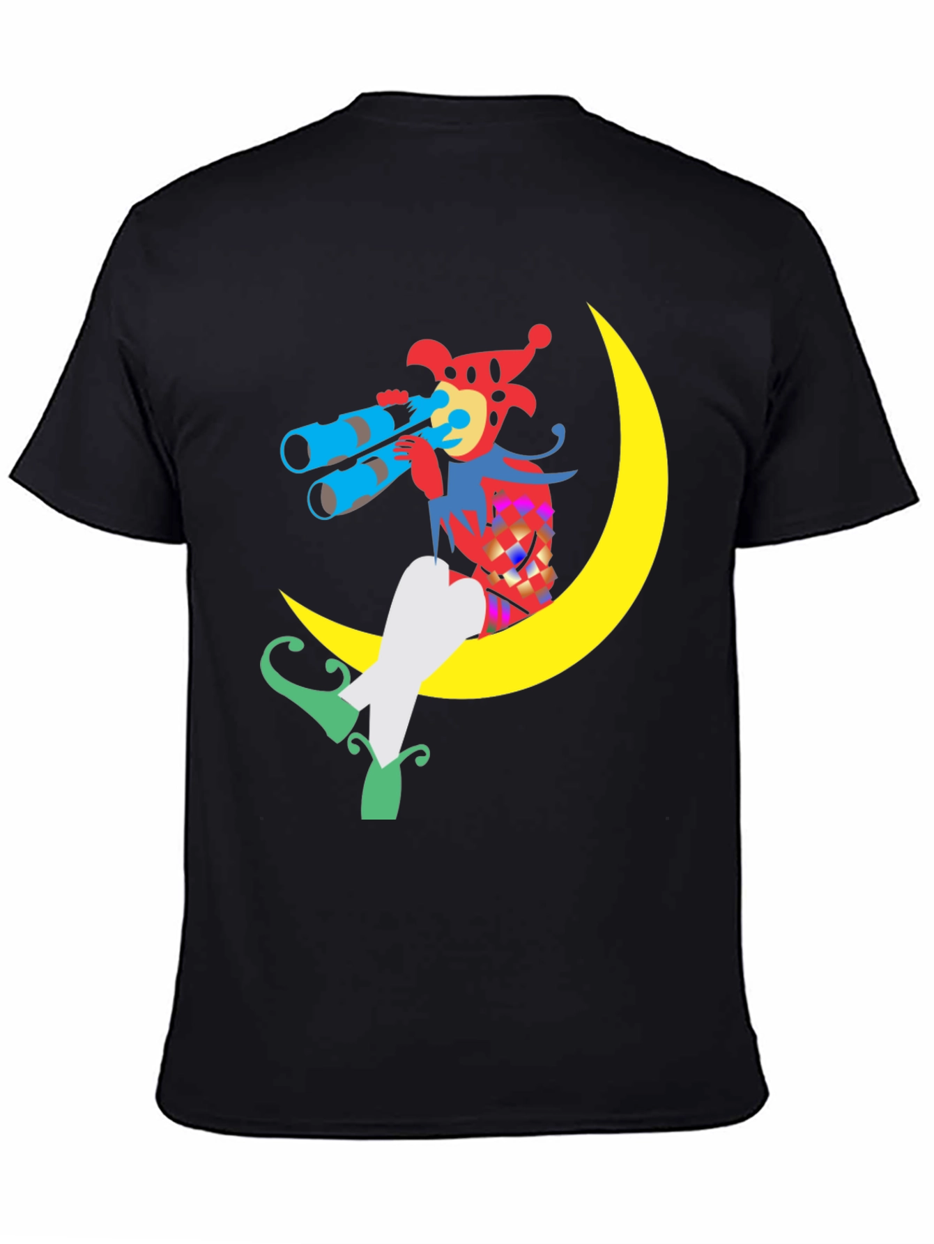 Whimsical Moon Jester Graphic Tee - Black