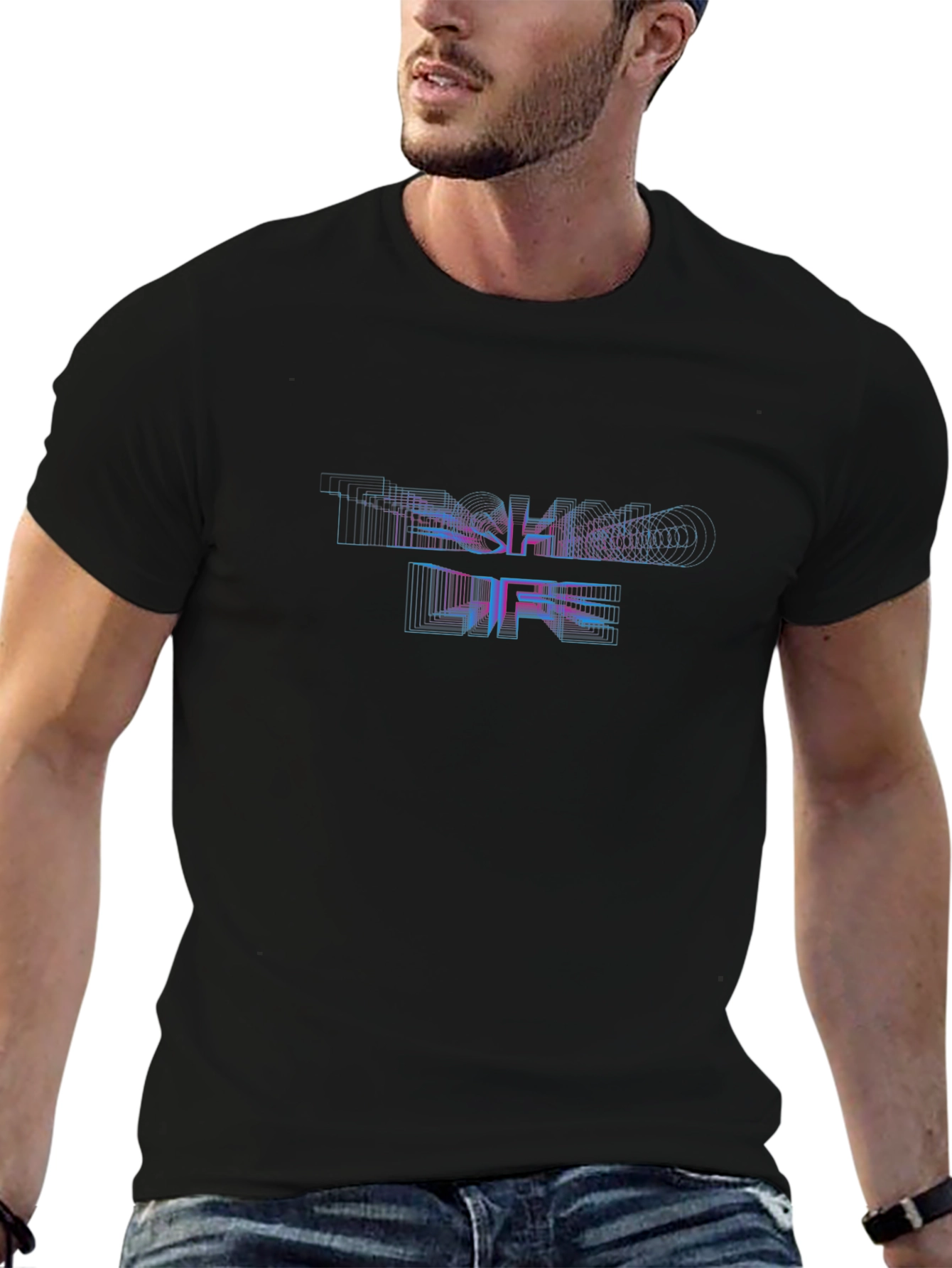 Trendy Black T-Shirt with Abstract TECHNO LIFE Design