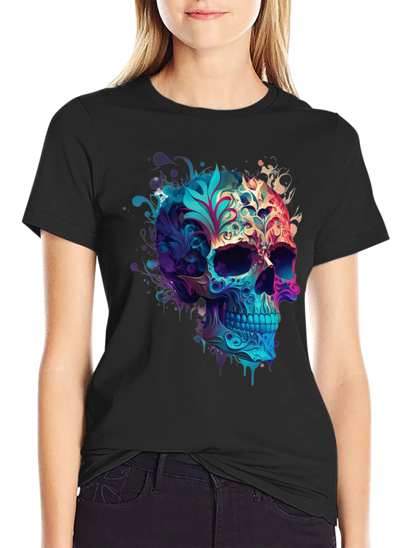 Floral Skull Graphic Black T-Shirt
