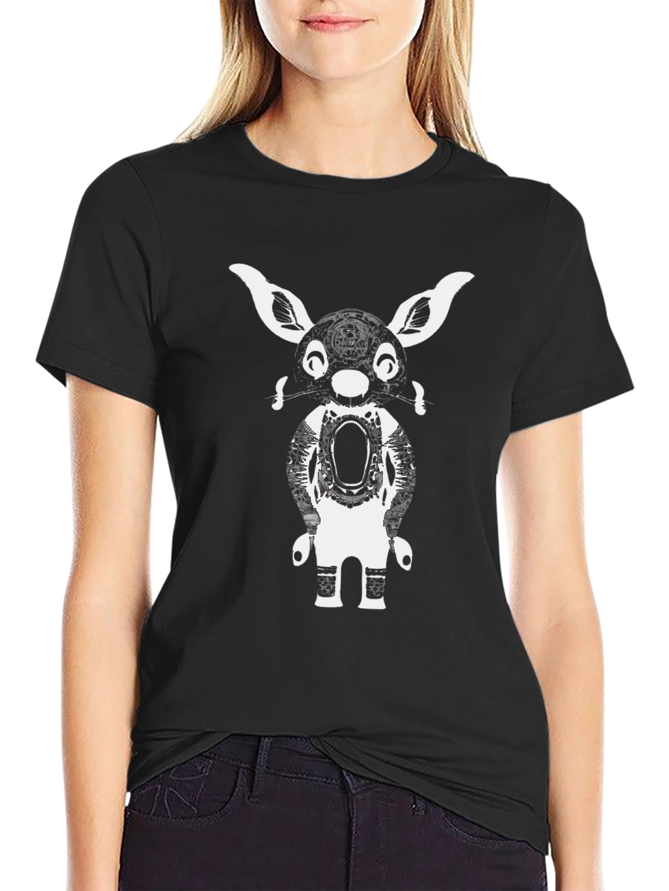Graphic Tee: Abstract Bunny Robot Black T-Shirt