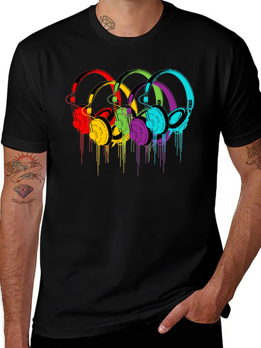 Colorful Headphones Graphic Black T-Shirt
