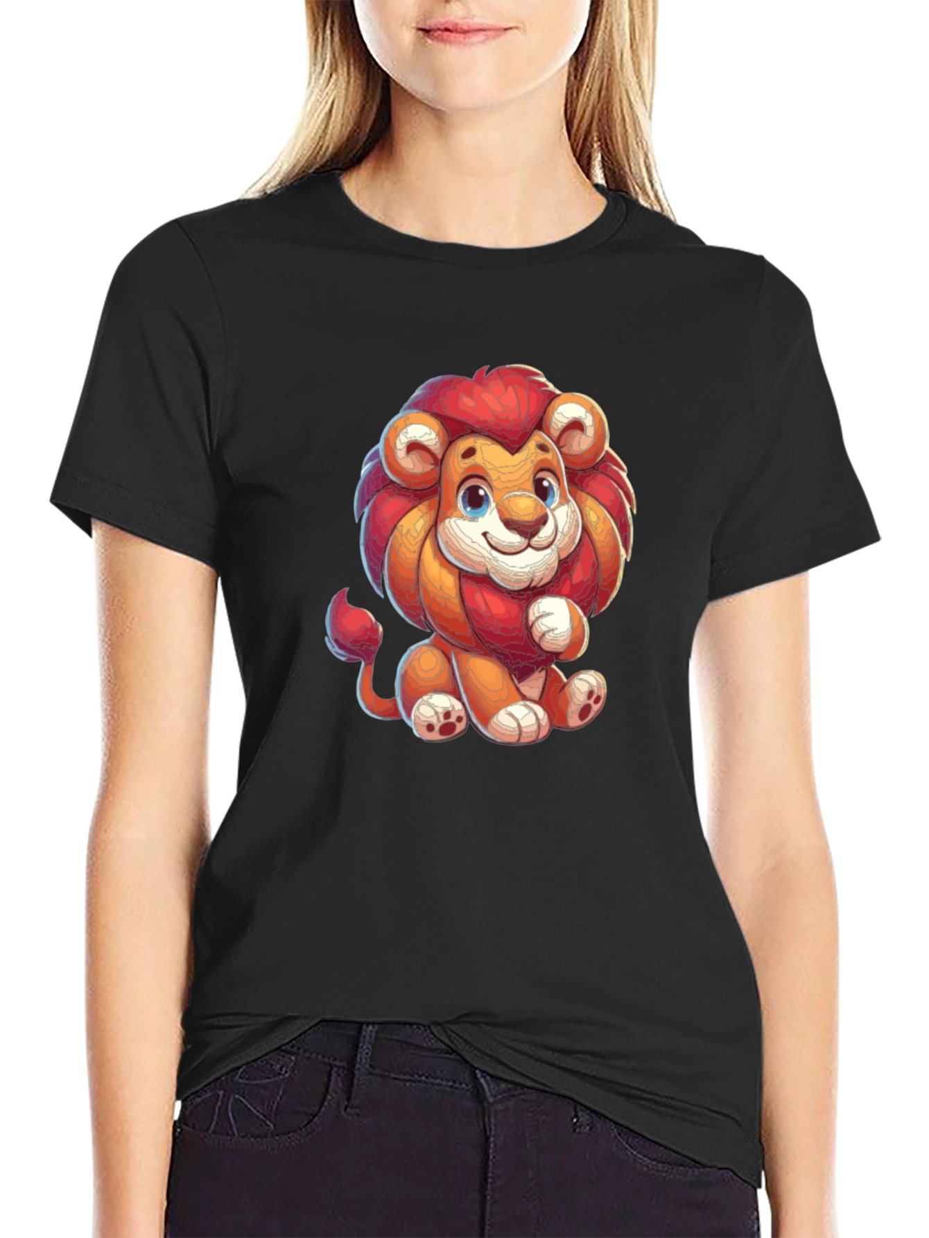 Cute Cartoon Lion Black T-shirt