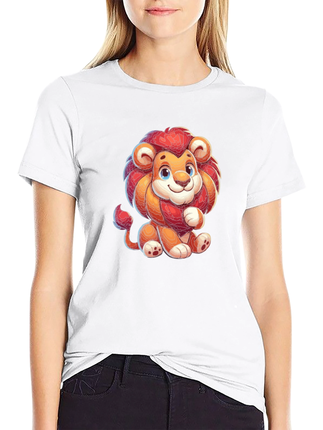 Cute Cartoon Lion Black T-shirt