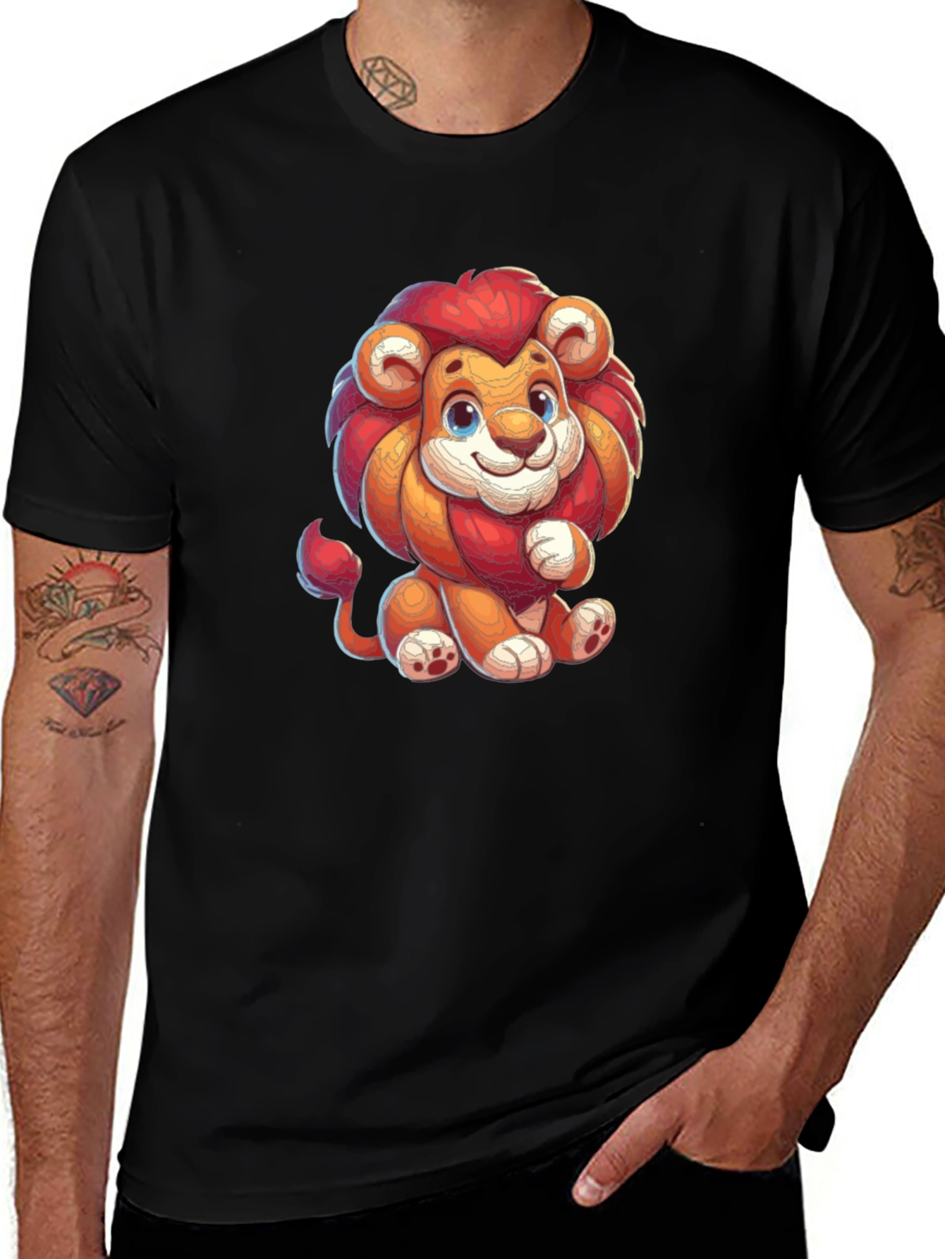 Cute Cartoon Lion Black T-shirt