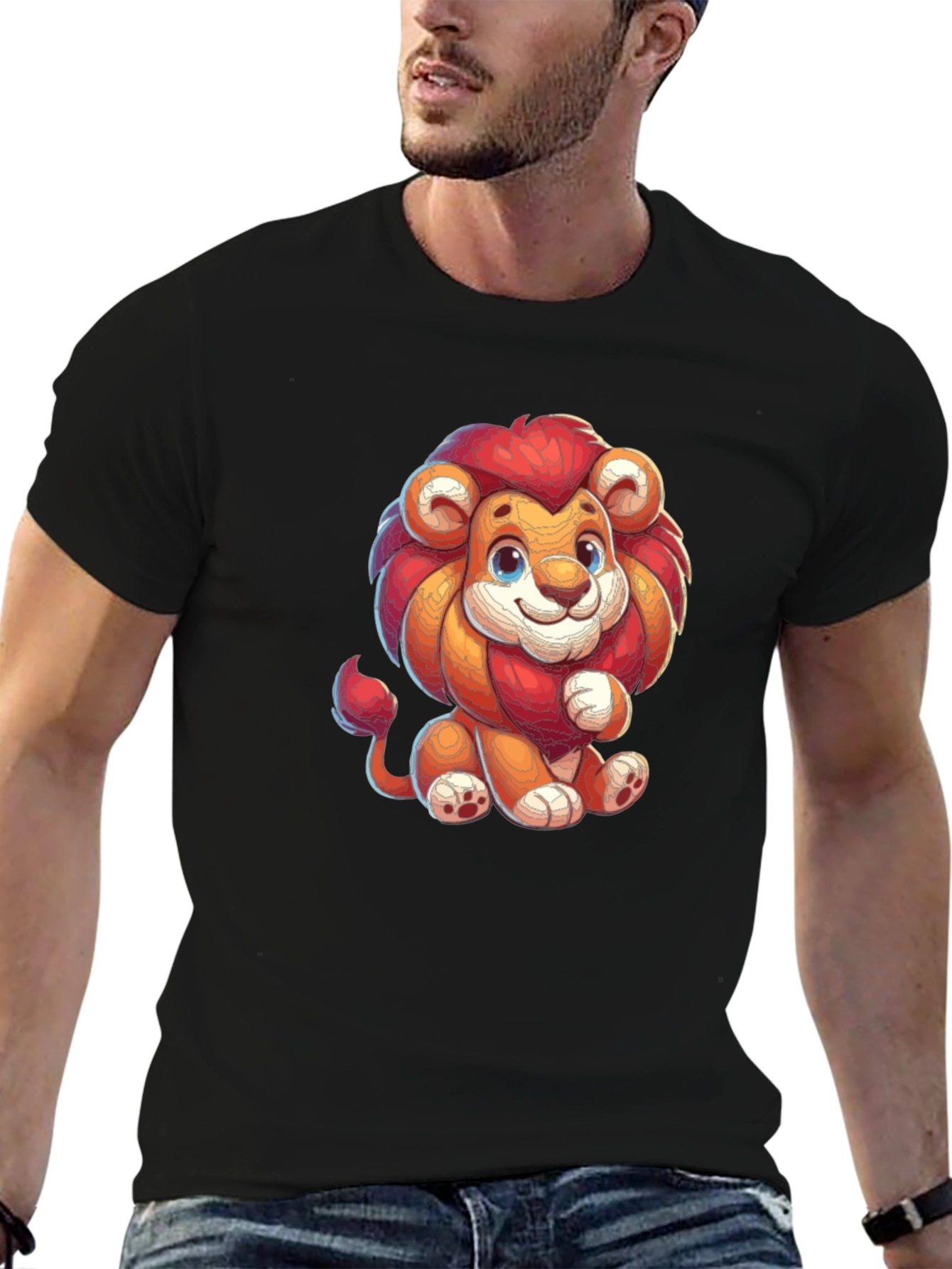 Cute Cartoon Lion Black T-shirt