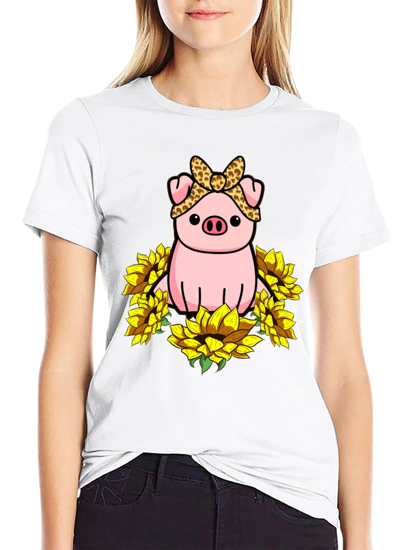 Cute Pig Sunflower Graphic T-Shirt