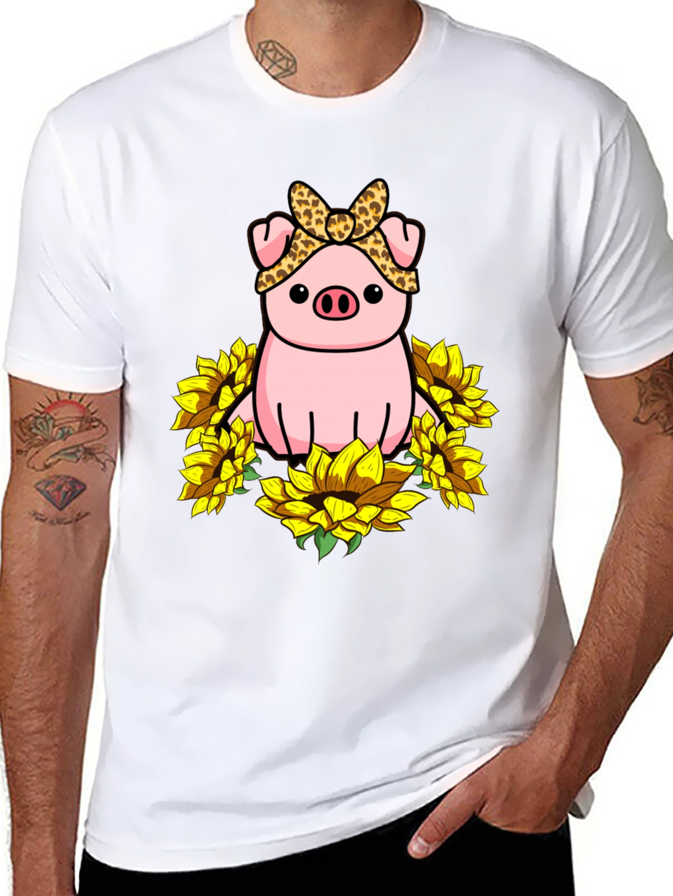 Cute Pig Sunflower Graphic T-Shirt