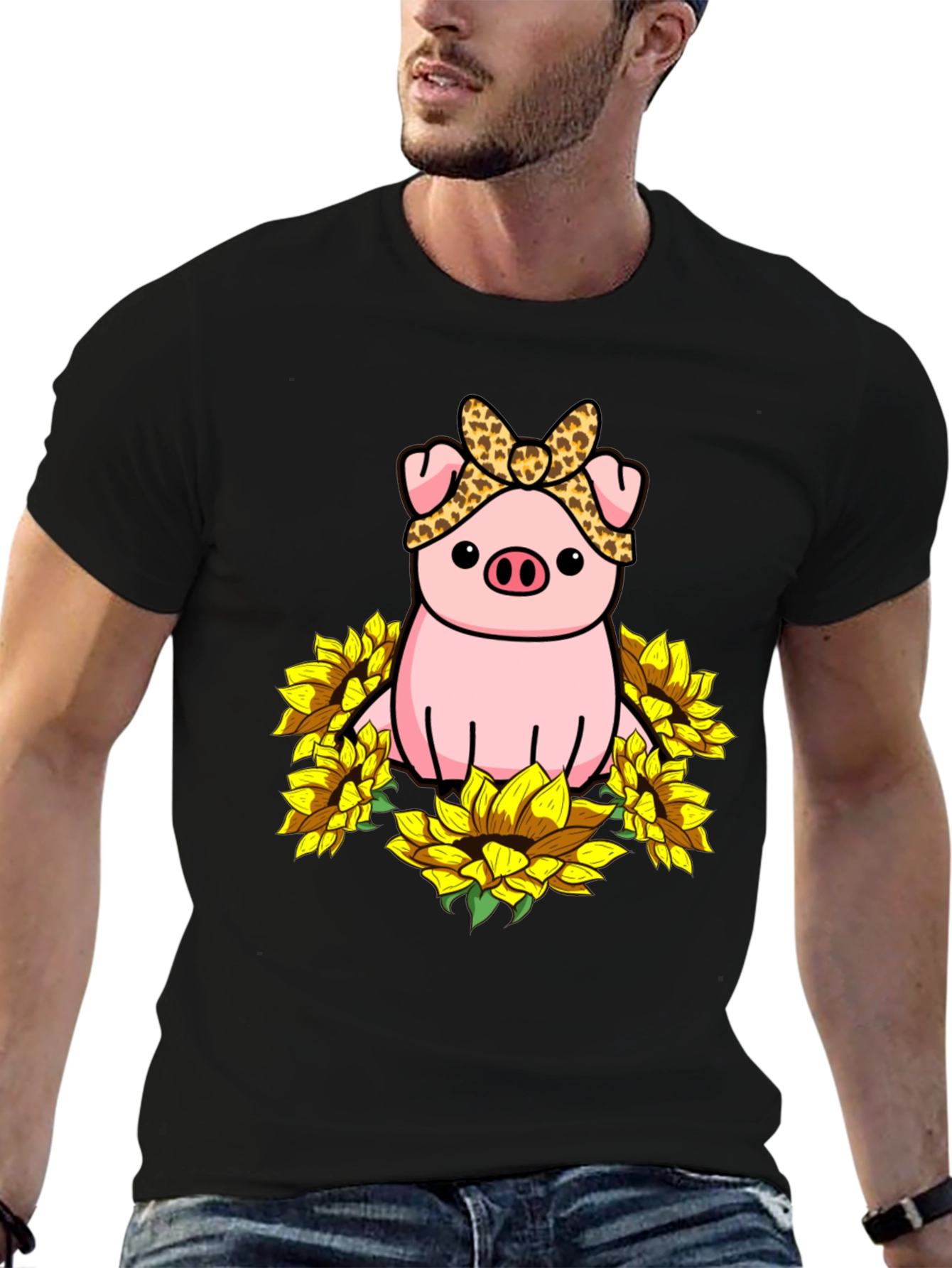Cute Pig Sunflower Graphic T-Shirt