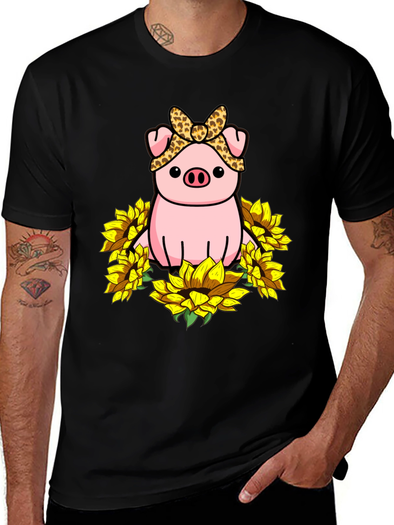 Cute Pig Sunflower Graphic T-Shirt